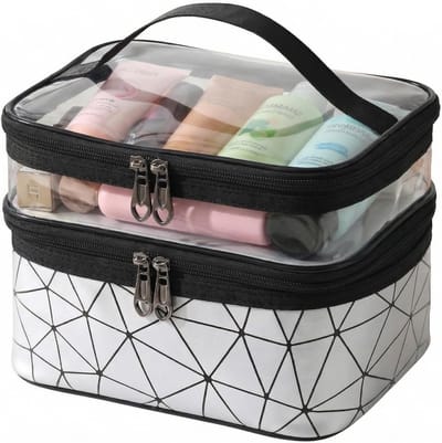 Grote waterdichte make-uptas voor dames en heren, dubbele laag, organizer voor reizen en cosmetica, 23 x 17 x 16 cm, met kwastvak en toilettas, Wit, Klassiek