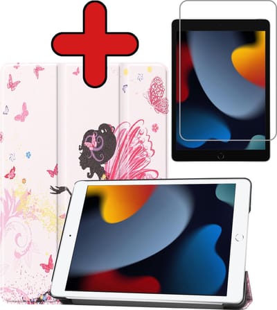 Hoesje - Geschikt voor Apple iPad 9 (2021) - 10.2 inch - 9e Generatie - Met Screenprotector - Hardcover Book Case - Trifold Bookcase Hoes - Hard Cover - Tablethoes - Elfje