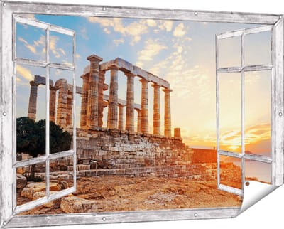 Gards Tuinposter Doorkijk Tempel van Poseidon in Athene, Griekenland - 150x100 cm - Tuindoek - Tuindecoratie - Wanddecoratie buiten - Tuinschilderij