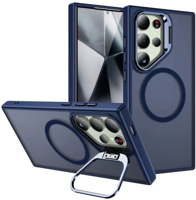 Hoesje Geschikt voor Samsung Galaxy S24 Ultra - Compatibel met MagSafe & Qi2 - Back Cover met Standaard - Camera Kickstand - Blauw
