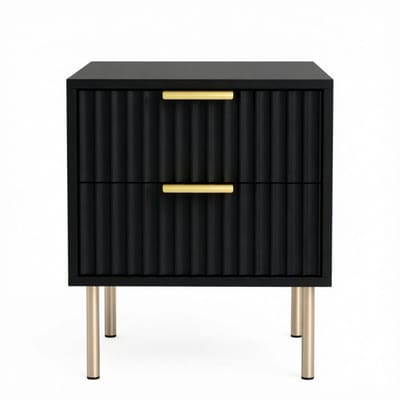 Zwart Nachtkastje met 2 Lades - Geribbeld Design met Gouden Handgrepen - MDF en Stalen Poten - Bijzettafel voor Slaapkamer en Woonkamer - 40x39x48 cm