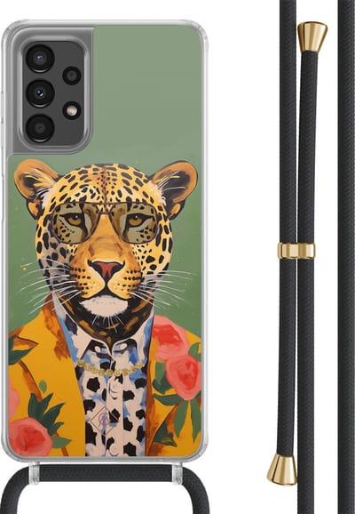 Casimoda® hoesje met zwart koord - Geschikt voor Samsung A13 4G - Luipaard Hipster - Afneembaar koord - TPU/polycarbonaat - Multi