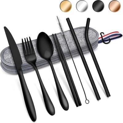 Bestekset, 8-delige campingbestek van roestvrij staal, draagbare gebruiksvoorwerpset met draagtas, mes, vork, lepel, eetstokjes, rietjes, borstel voor outdoor, reizen, picknick (zwart)