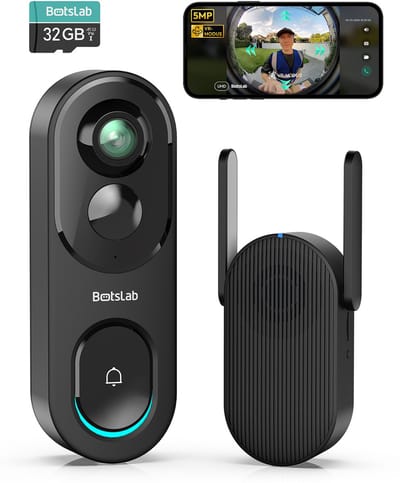 BOTSLAB 5 MP batterij deurbel met camera, draadloze videodeurbel met 1:1 hoofd tot voetweergave, 360° slimme video-deurbel met AI/radar/PIR-detectie, 2,4 GHz wifi, 2-weg audio, zonder maandelijkse
