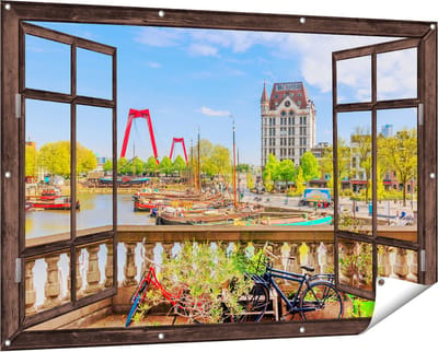 Gards Tuinposter Doorkijk Kleurrijke Oude Haven in Rotterdam - 150x100 cm - Tuindoek - Tuindecoratie - Wanddecoratie buiten - Tuinschilderij
