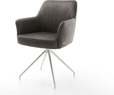 Eetkamerstoel Xana-Flex met armleuning kruisframe conisch roestvrij staal microvelours antraciet vintage 180° draaibaar pocketveer kern