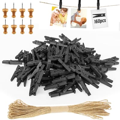 SnelShoppen - 168pcs Mini Houten Klemmen Zwart - Kleine Kledinghangers voor Foto's met 10m Jute Touw - DIY Decoratie voor Bruiloft, Feest, Fotowand en