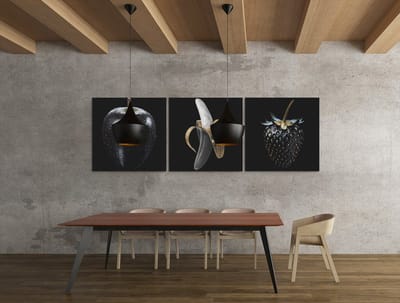 Vruchten Drieluik Schilderijen – Goud en Zwart - 3-Delige Canvas Wanddecoratie – Fruit Kunst voor Keuken & Woonkamer - 3x30x30 cm