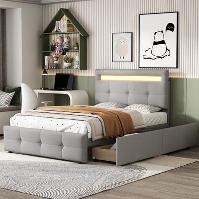KOMHTOM Bed met laden 90x200 cm met LED verlichting 2 laden eenpersoonsbed kinderbed grijs