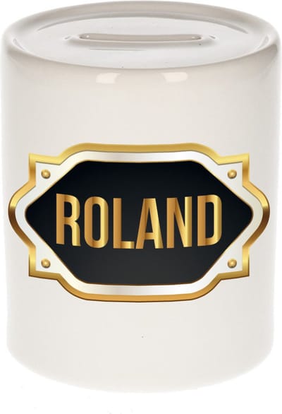 Spaarpot met voornaam Roland - wit - met goud/zwart embleem - 8 x 9 cm - keramiek - met afsluitdop - cadeau verjaardag