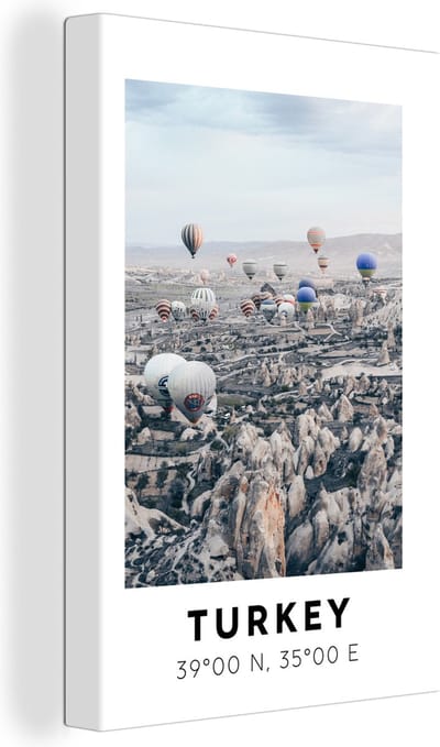 Canvas Schilderij Luchtballon - Turkije - Zomer - Bergen - 20x30 cm - Wanddecoratie