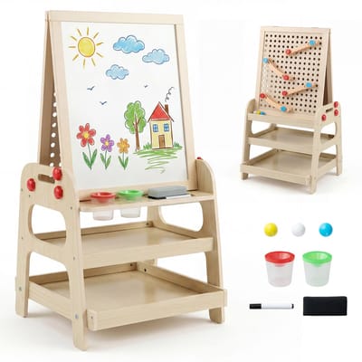COSTWAY Tafel kinderen, dubbelzijdige ezel whiteboard kbaan | Magnetisch whiteboard, opbergvak, incl. viltstift, gum, 2 kleurbekers, 3 ks, voor kinderen vanaf 3 jaar