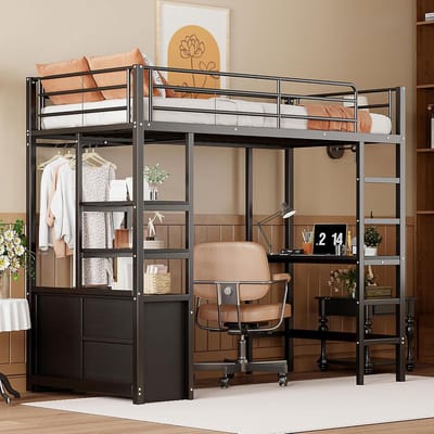 Hoogslaper met Ingebouwd Bureau, Stopcontact en USB - 90x200 cm - Zwart