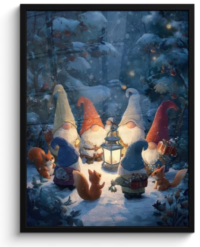 Poster in lijst - Fotolijst 60x80 cm - Posters - Winter - Gnooms - Eekhoorns - Meerkleurig - Posterlijst zwart - Decoratie - Wanddecoratie woonkamer - Muurdecoratie slaapkamer - Kerstversiering - Kerstdecoratie voor binnen - Kerstmis