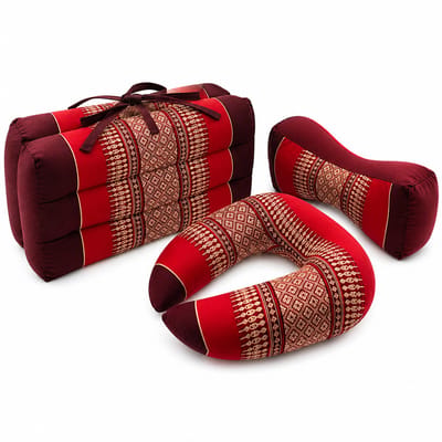 Meditatieset 3-delig bordeaux rood – hard & stevig kapok – draagbaar meditatiekussen + nek- en bone kussen – opvouwbaar yoga zitkussen met handvat