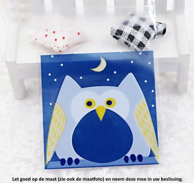50x Transparante Uitdeelzakjes Uil Design Blauw 10 x 10 cm met plakstrip - Cellofaan Plastic Traktatie Kado Zakjes - Snoepzakjes - Koekzakjes - Koekje - Cookie Bags Present for You