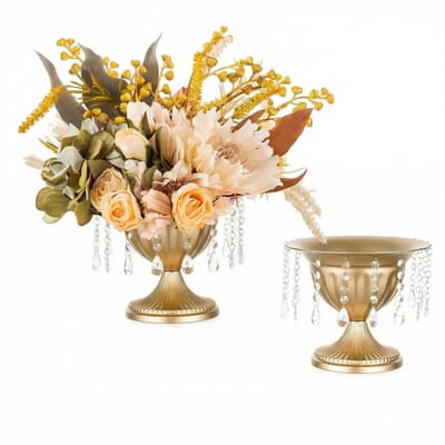 Gouden Urn Vazen voor Bruiloften: Set van 2 Metalen Gouden Vazen van 22 cm met Kristalkralen Ketting voor Verjaardagsfeesten Jubilea en Tafelcentrums – Urn Vaas voor Kunstbloemstukken