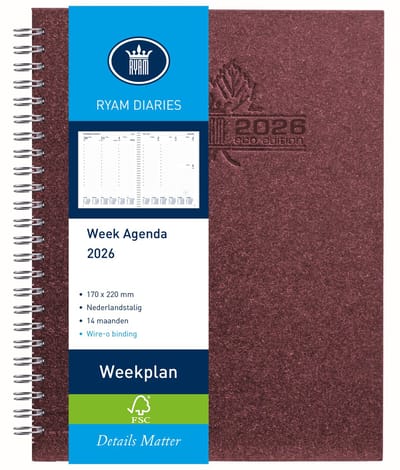Ryam | Bureau agenda | Weekplan Wire-O Wit NL Eco | 2026 | Spiraal | 170 mm x 220 | 14 mnd | Rood |