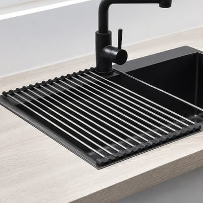 Arvion Afdruiprek voor servies, opvouwbaar en afneembaar roestvrijstalen afdruiprek boven de gootsteen, voor kopjes, fruit, groenten, keukenorganizer, zwart, 43 x 35 cm