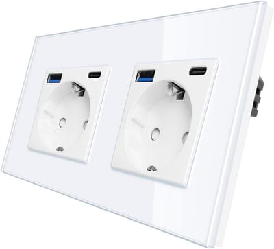Dubbel Schuko Stopcontact met USB-A en USB-C Poort, Inbouw, 16A, Wit Glazen Wandcontactdoos