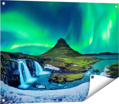 Gards Tuinposter Noorderlicht bij de Watervallen in IJsland - 80x60 cm - Tuindoek - Tuindecoratie - Wanddecoratie buiten - Tuinschilderij