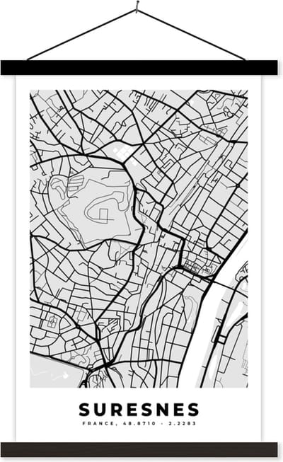 Posterhanger incl. Poster 40x60 cm - Schoolplaat - Plattegrond – Kaart – Stadskaart – Frankrijk – Suresnes - Textielposter - Zwarte latten - Stadskaart