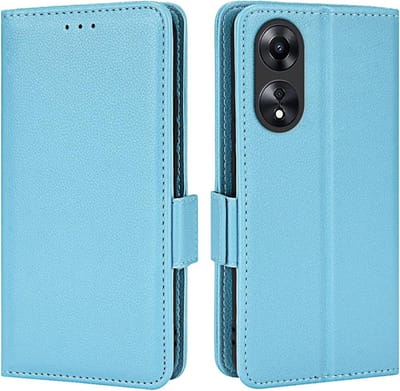 Geschikt voor Oppo A78 leren book hoesje Lychee - Licht blauw