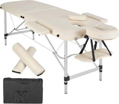 tectake® - Inklapbare en in hoogte verstelbare massagetafel - Aluminium met 2 zones - Incl. hoofd- en armleuningen - Mobiele massagebank incl. tas, hele en halve rol - beige