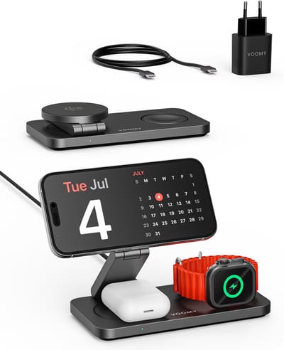 Voomy 3-in-1 Draadloze Oplader 25W - QI2.2 Draadloos Snelladen - Opvouwbaar Oplaadstation - Geschikt voor MagSafe, Apple Watch, Draadloze Oortjes - Wireless Charger - Inclusief 35W PD Adapter - Zwart