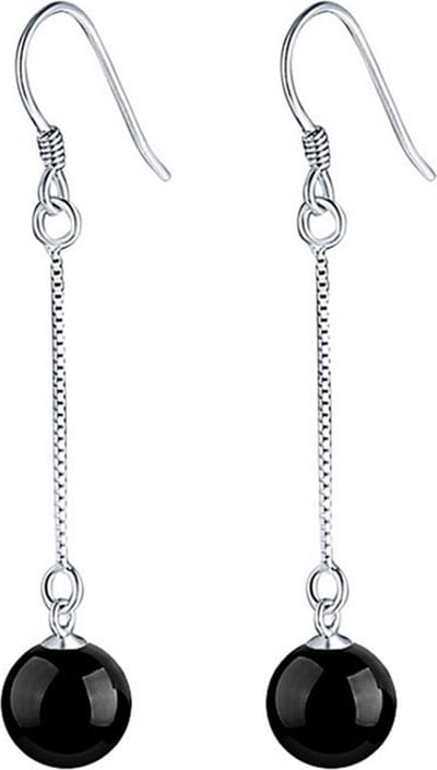 Edelstenen oorbellen Silver Dangling Black Agate - oorhanger - zwart - agaat - sterling zilver (925) - luxe sieraden zakje - parel oorbellen dames - zwarte oorbellen