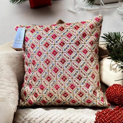 Kussens woonkamer - kussenhoes 40 x 40 cm - kussensloop - sierkussens - cushion cover - katoensilk - Kussenhoesjes - 2 stuks - etnisch Indiaas - borduurwerk - embroidery - Creme wit - rood