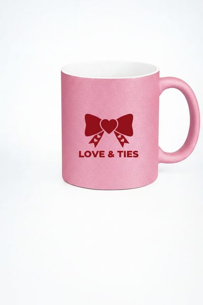 Roze Glitter Mok met 'Love & Ties' Strik Design en Harten | Valentijn Cadeau