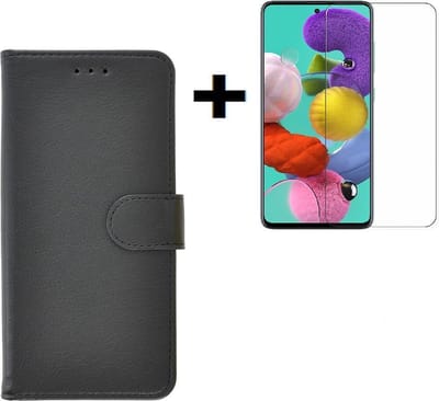 Geschikt voor Samsung Galaxy A51 Hoesje Bookcase - A51 Screenprotector Wallet Book Case Cover Zwart + Screen Protector Tempered Gehard Glas