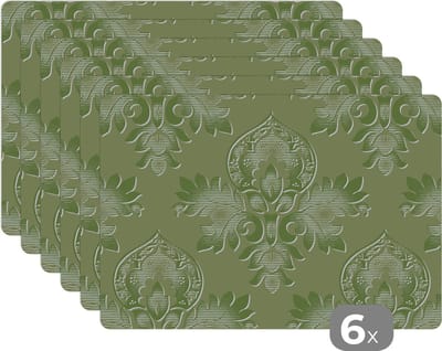 Placemat - Placemats kunststof - Psychedelisch - Bladeren - Groen - Vintage - Design - 45x30 cm - 6 stuks - Hittebestendig - Anti-Slip - Onderlegger - Afneembaar