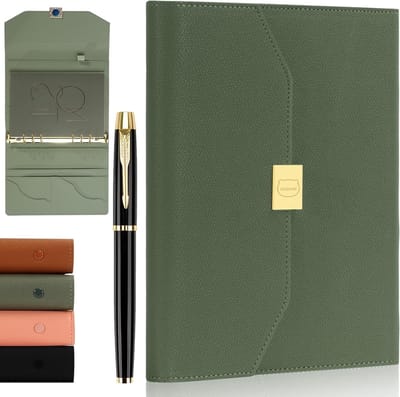 Stijlvol leren notitieboek voor mannen en vrouwen, navulbaar met 6 ringen, slip pocket en magneetsluiting, perfect voor notities, schetsen en journaling (Groen)