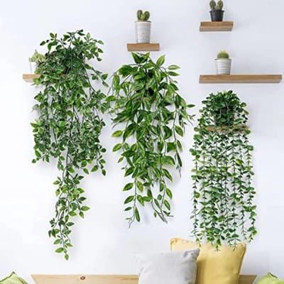 PolkaHome 3 stuks Kunstmatige Hangplanten Eucalyptus Bladeren met Potten 63 cm Lang Onderhoudsvrije Kunst Klimop Planten voor Huis Tuin Binnen Buiten Decor