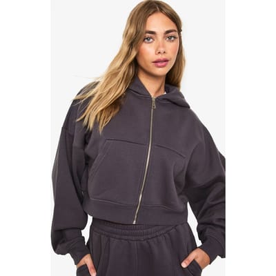 boohoo Dames Boxy hoodie met ballonmouwen en oversized pasvorm, met doorlopende ritssluiting | Charcoal | Maat: XS