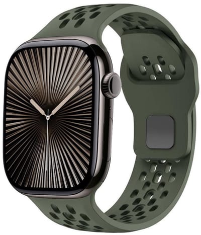 Siliconen bandje - geschikt voor Apple Watch 1/2/3/4/5/6/7/8/9/10/11/ SE (1,2,3) met maat 38 mm / 40 mm / 41 mm en 42 mm (Watch 10/11) - met gaatjes - army groen