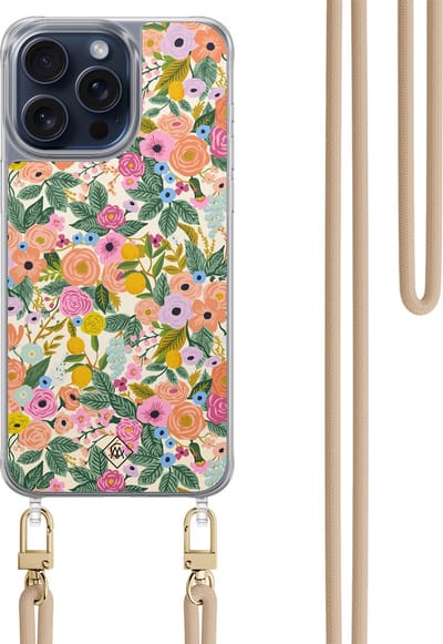 Casimoda® hoesje met beige koord - Geschikt voor iPhone 15 Pro Max - Pink Garden - Afneembaar koord - TPU/polycarbonaat - Roze
