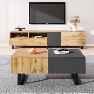 MODFU Multifunctionele Salontafel met Verborgen Opbergruimte, Hout en Metaal, Geschikt voor Woonkamer en Kantoor, Eenvoudig te Installeren, 155x55x40 cm