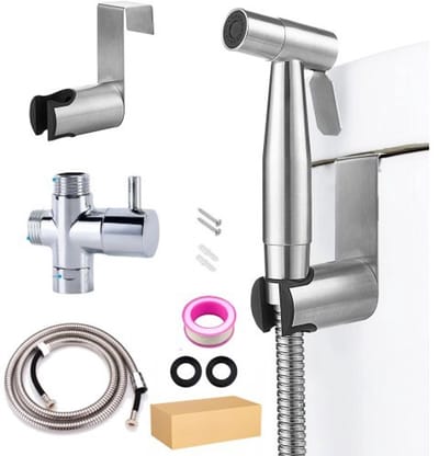 Toilet bidetsproeierset, multifunctionele sproeier, eenvoudig te installeren, sproeier voor dagelijkse persoonlijke hygiëne, wandgemonteerde slangenset (zilver)