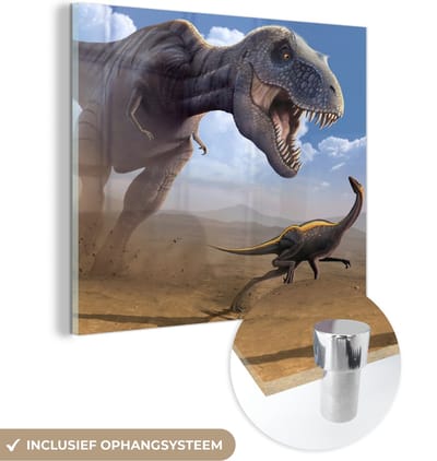 MuchoWow® Glasschilderij 90x90 cm - Schilderij acrylglas - Dino - Wilde dieren - Tekening - Kinderen - Jongens - Kinderen - Foto op glas - Schilderijen