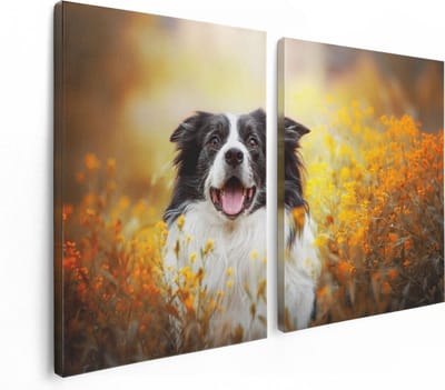 Artaza Canvas Schilderij Tweeluik Blije Hond Tussen De Bloemen - 120x80 - Foto Op Canvas - Canvas Print