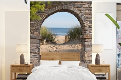 Behang - Fotobehang Doorkijk - Strand - Duin - Planten - Breedte 195 cm x hoogte 260 cm
