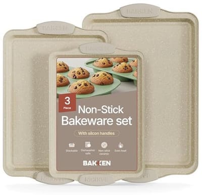 Professionele 3-delige bakvormen set met antiaanbaklaag en siliconen handgrepen - Stapelbare en vaatwasmachinebestendige bakpannen