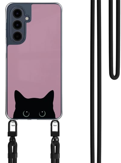 Hoesje met koord geschikt voor Samsung Galaxy A16 - Zwarte kat - Inclusief Zwart koord - Crossbody beschermhoes - Transparant, Roze - Mooie Telefoonhoesjes