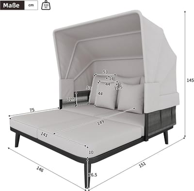 Zonneligstoel 2 Personen met Verstelbaar Opvouwbaar Dak – ABTkantoor Deluxe Canopy Lounge Ligbed – 10 cm Dik Kussen & Weerbestendig Outdoor Zonnebed – Luxe Tuinmeubel voor Terras, Balkon en Tuin – Grijs F