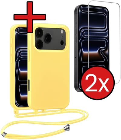 Hoesje Geschikt voor iPhone 17 Pro Max / 18 Pro Max Hoesje Siliconen Case Met Koord Met 2x Screenprotector - Hoes Geschikt voor iPhone 17 Pro Max / 18 Pro Max Hoesje Backcover Met Telefoonkoord - Geel