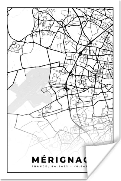 Poster Mérignac - Frankrijk - Plattegrond - Stadskaart - Kaart - Zwart wit - 120x180 cm XXL