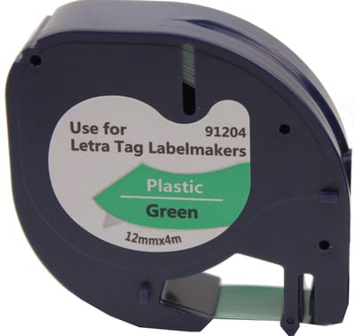 KATRIZ® huismerk label tape voor Dymo 91204 | DYMO LETRATAG LetraTag 100H/LetraTag 100T/LetraTag 2000/LetraTag QX54 | Zwart op Groen | 12mm*4m |   1 stuk
